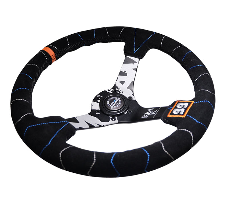 NRG Reinforced Steering Wheel (350mm / 3in. Deep) Blk Suede w/Color Stitch (Kyle Mohan Edition) - My Store