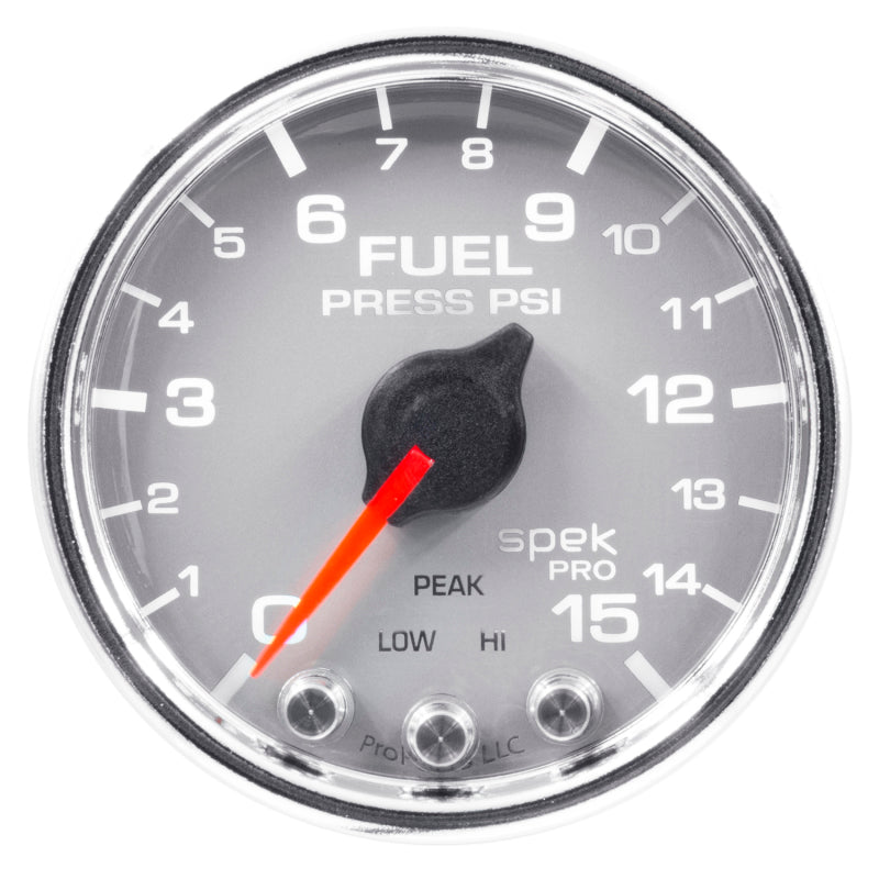 Autometer Spek-Pro Gauge Fuel Press 2 1/16in 15psi Stepper Motor W/Peak & Warn Slvr/Chrm - My Store