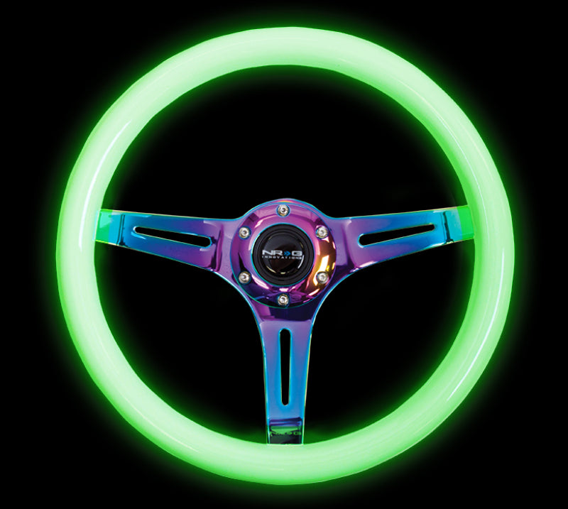 NRG Classic Wood Grain Steering Wheel (350mm) Glow-N-The-Dark Green Grip w/Neochrome 3-Spoke Center - My Store