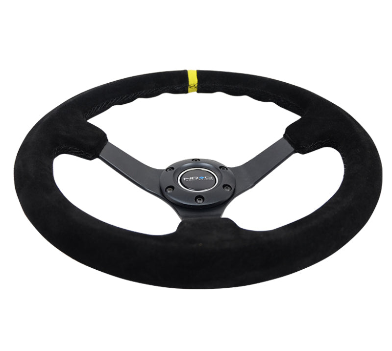 NRG Reinforced Steering Wheel (350mm / 3in. Deep) Blk Suede/X-Stitch w/5mm Blk Spoke & Yellow CM - My Store