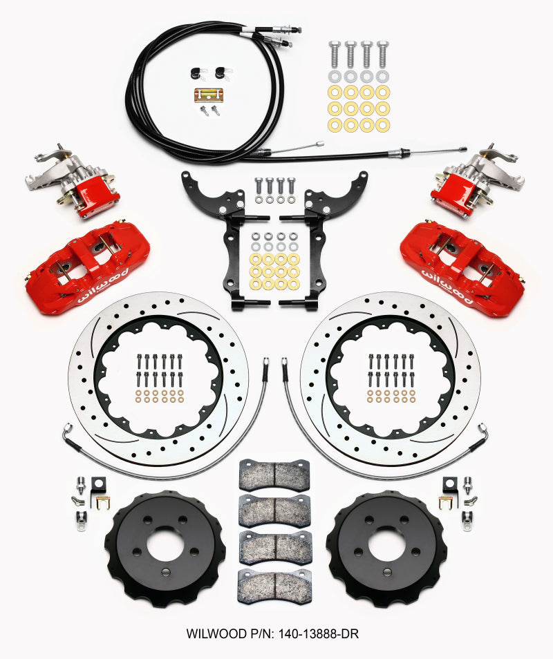 Wilwood Aero4 / MC4 Rear Kit 14.00 Drilled Red 2015-Up Mustang w/Lines & Cables - My Store