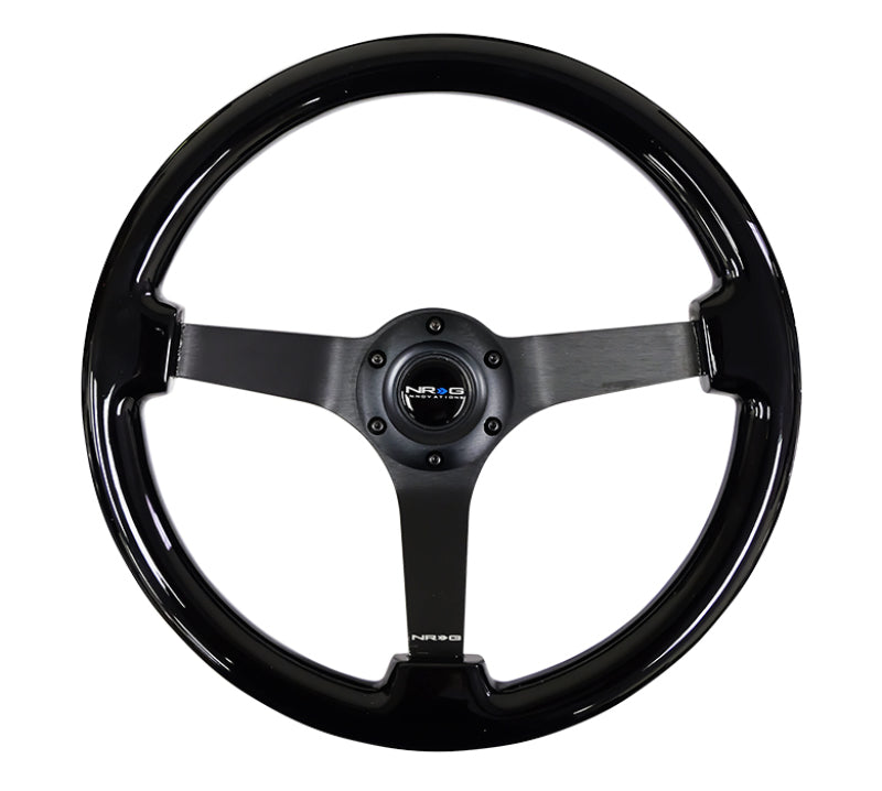 NRG Reinforced Steering Wheel (350mm / 3in. Deep) Black w/Black Chrome Solid 3-Spoke Center - My Store