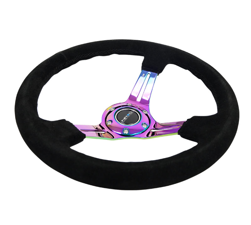 NRG Reinforced Steering Wheel (350mm / 3in. Deep) Blk Suede/Blk Stitch w/Neochrome Slits - My Store