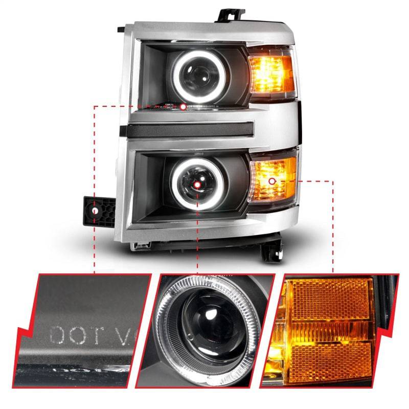 ANZO 14-15 Chevrolet Silverado 1500 Projector Headlights w/ Halo Black Housing w/ Chrome Trim - Mammoth Racing -