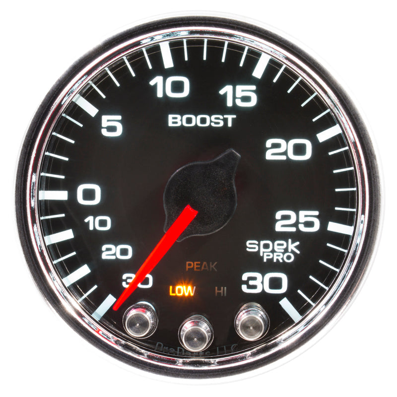 Autometer Spek-Pro Gauge Vac/Boost 2 1/16in 30Inhg-30psi Stepper Motor W/Peak & Warn Black/Chrome - My Store