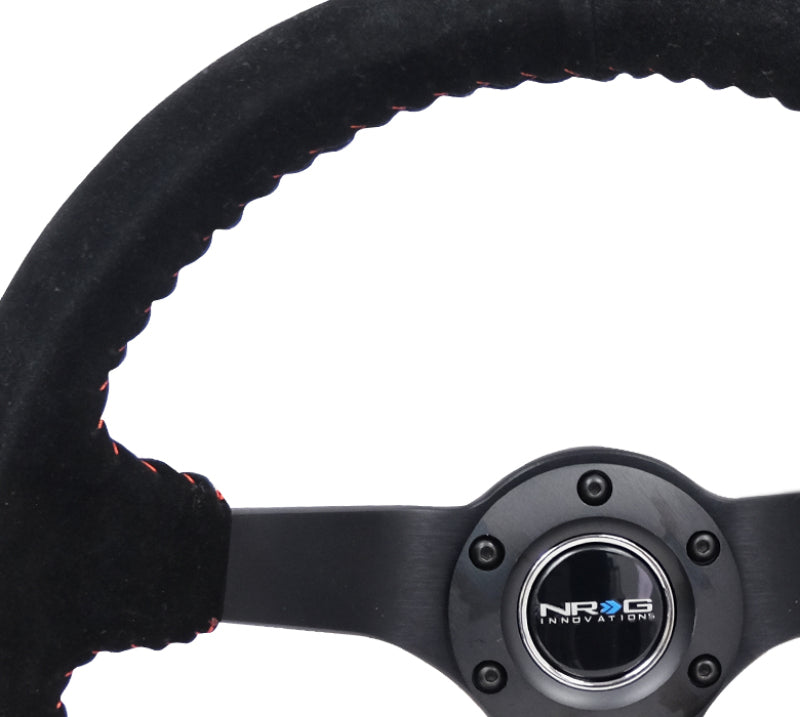 NRG Reinforced Steering Wheel (350mm / 3in. Deep) Blk Suede/Red BBall Stitch w/5mm Matte Blk Spokes - My Store