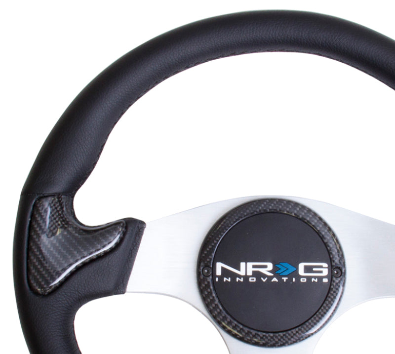 NRG Carbon Fiber Steering Wheel (350mm) Silver Frame Blk Stitching w/Rubber Cover Horn Button - My Store