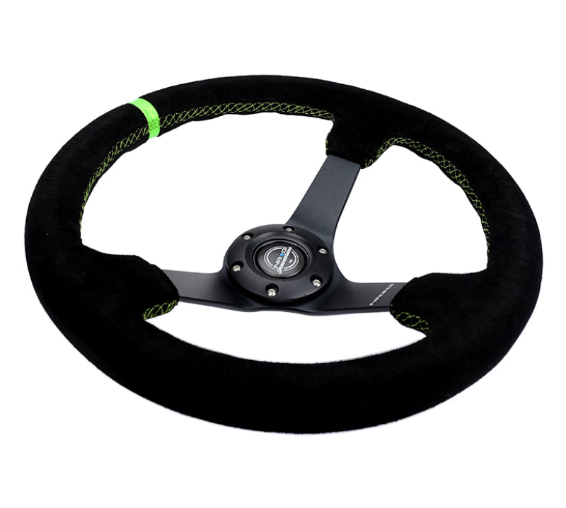NRG Reinforced Steering Wheel 350mm/3in. Deep Blk Suede/ Neon Green Stitch w/5mm Matte Black Spoke - My Store