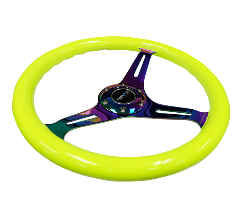 NRG Classic Wood Grain Steering Wheel (350mm) Neon Yellow Color w/Neochrome Spokes - My Store