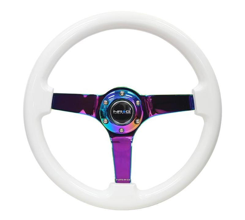 NRG Reinforced Steering Wheel (350mm / 3in. Deep) Classic White w/4mm Neochrome Solid 3-Spoke - My Store