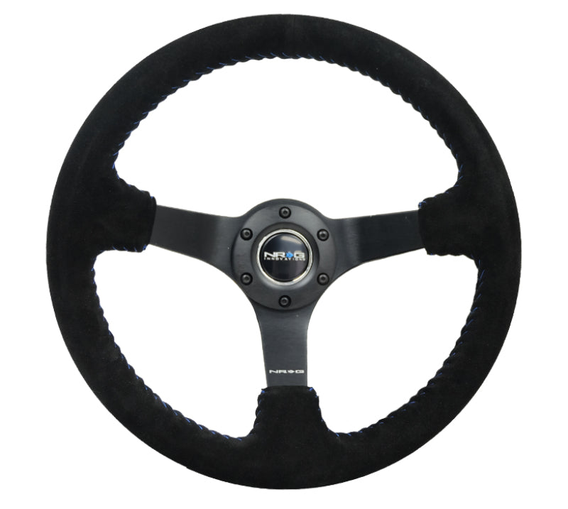 NRG Reinforced Steering Wheel (350mm / 3in. Deep) Blk Suede/Blue BBall Stitch w/5mm Matte Blk Spokes - My Store