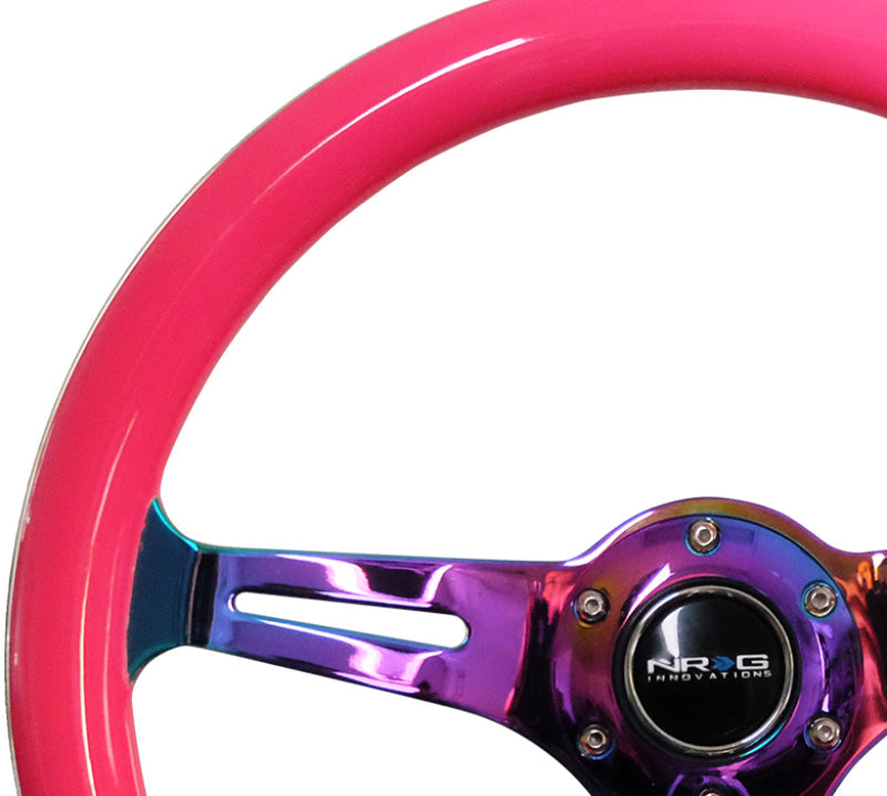 NRG Classic Wood Grain Steering Wheel (350mm) Neon Pink Painted Grip w/Neochrome 3-Spoke Center - My Store