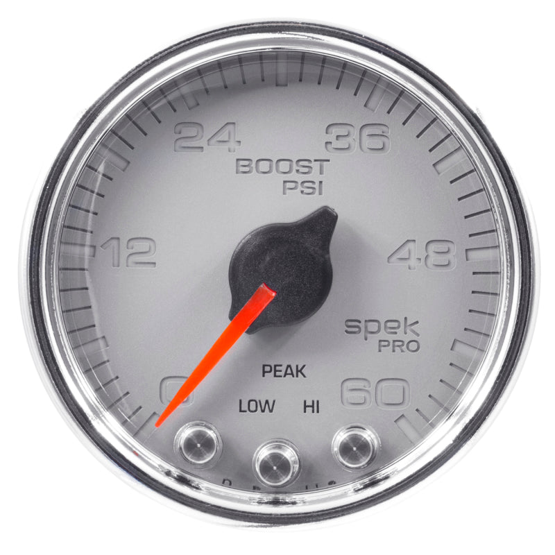 Autometer Spek-Pro Gauge Boost 2 1/16in 60psi Stepper Motor W/Peak & Warn Slvr/Chrm - My Store