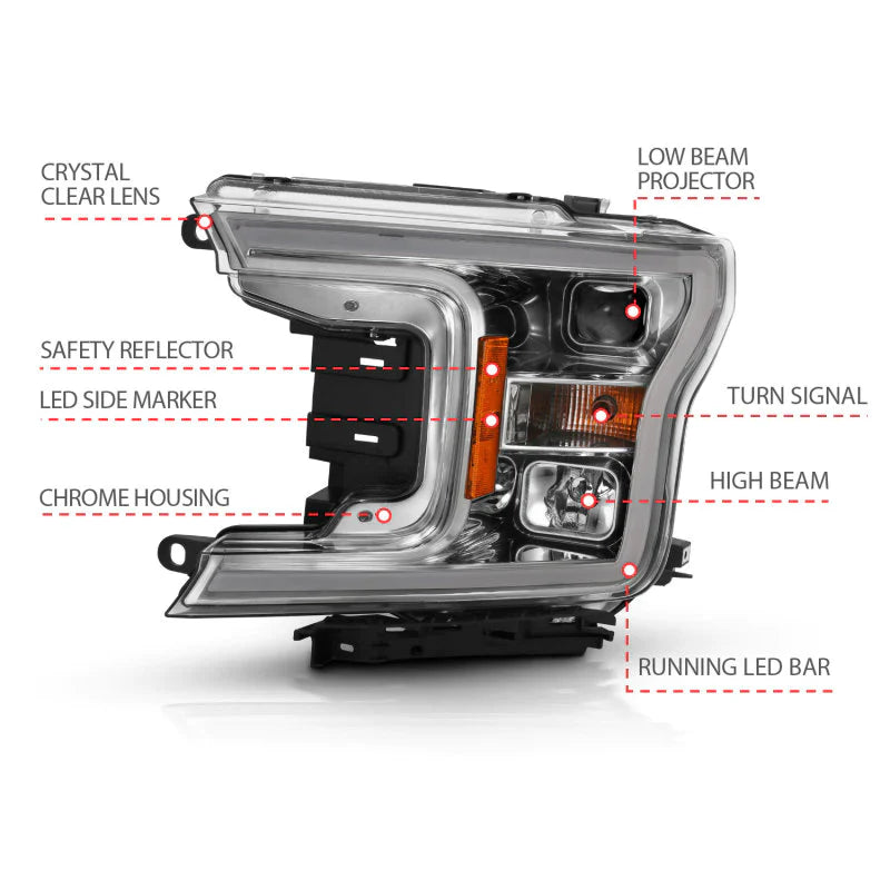 ANZO 2018-2019 Ford F-150 Projector Plank Style H.L. Chrome Amber (Without Switchback) - Mammoth Racing -