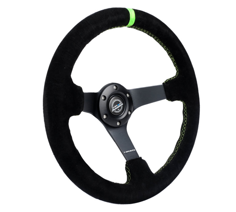 NRG Reinforced Steering Wheel 350mm/3in. Deep Blk Suede/ Neon Green Stitch w/5mm Matte Black Spoke - My Store