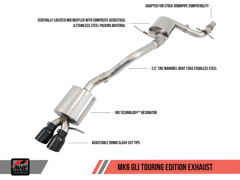 AWE Tuning Mk6 GLI 2.0T - Mk6 Jetta 1.8T Touring Edition Exhaust - Diamond Black Tips - My Store