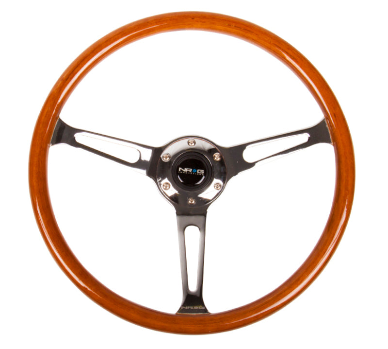 NRG Reinforced Steering Wheel (360mm) Classic Wood Grain w/Chrome Cutout 3-Spoke Center - My Store