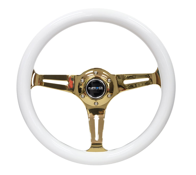 NRG Classic Wood Grain Steering Wheel (350mm) White Grip w/Chrome Gold 3-Spoke Center - My Store