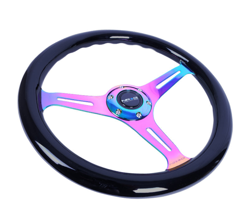 NRG Classic Wood Grain Steering Wheel (350mm) Black Paint Grip w/Neochrome 3-Spoke Center - My Store
