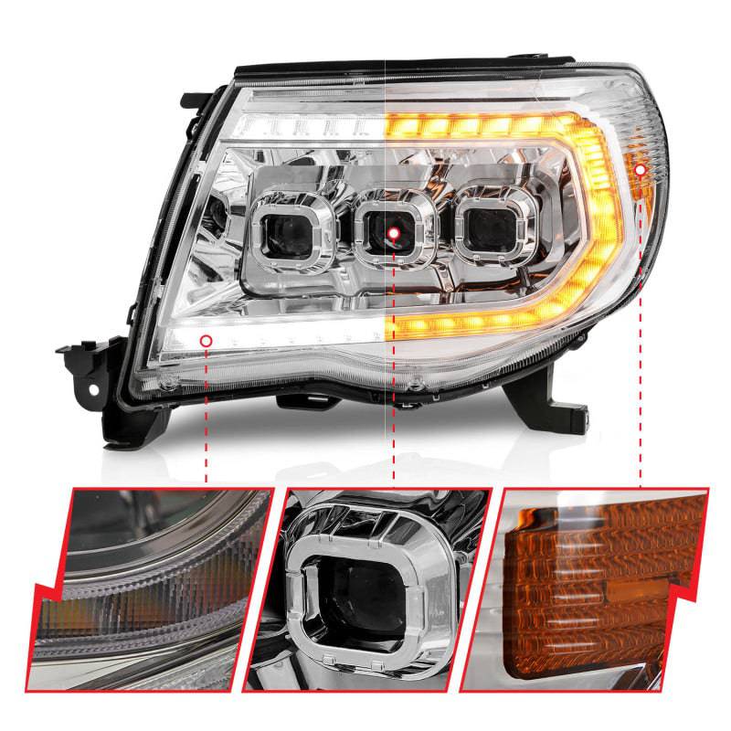 ANZO 05-11 Toyota Tacoma LED Projector Headlights w/Light Bar Swtchbk Seq. Chrome w/Initiation Light - Mammoth Racing -