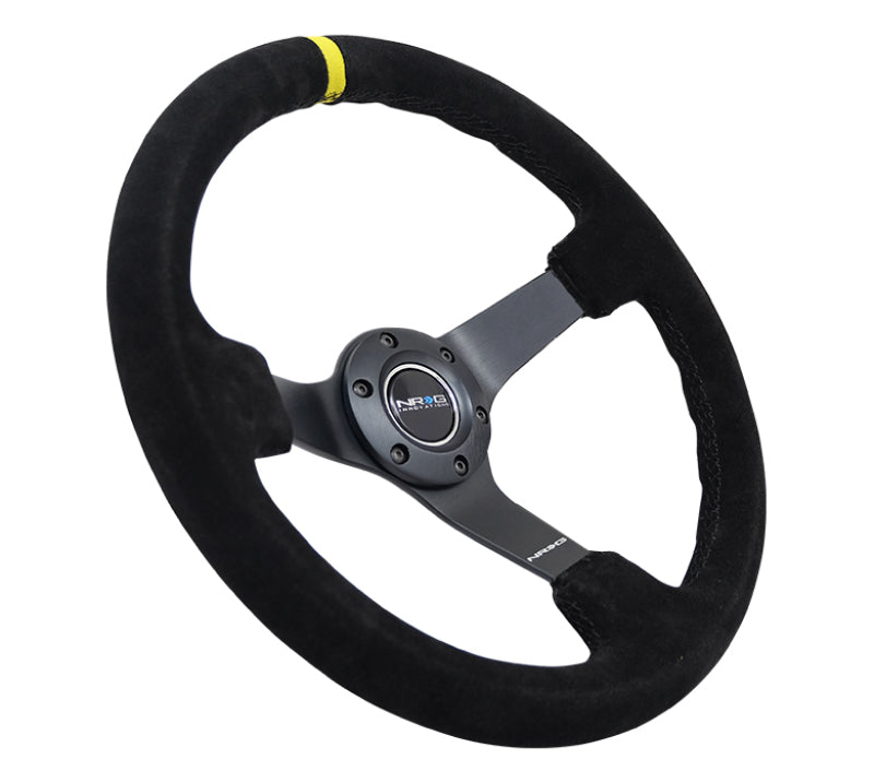 NRG Reinforced Steering Wheel (350mm / 3in. Deep) Blk Suede/X-Stitch w/5mm Blk Spoke & Yellow CM - My Store