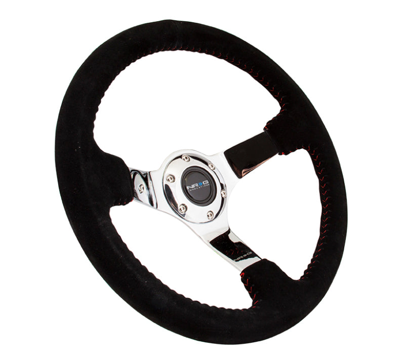 NRG Reinforced Steering Wheel (350mm / 3in. Deep) Blk Suede w/Red BBall Stitch & Chrome 3-Spoke - My Store