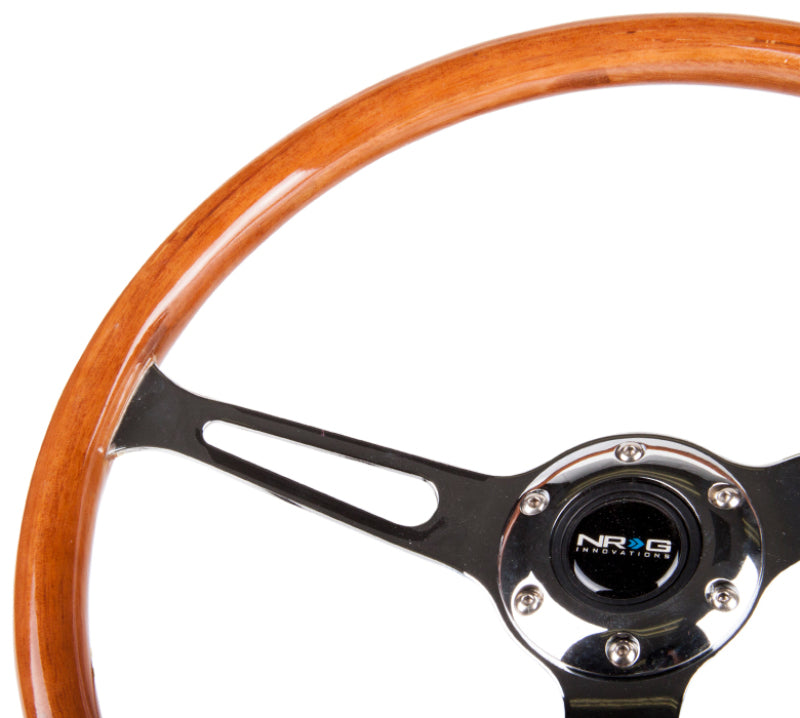 NRG Reinforced Steering Wheel (360mm) Classic Wood Grain w/Chrome Cutout 3-Spoke Center - My Store
