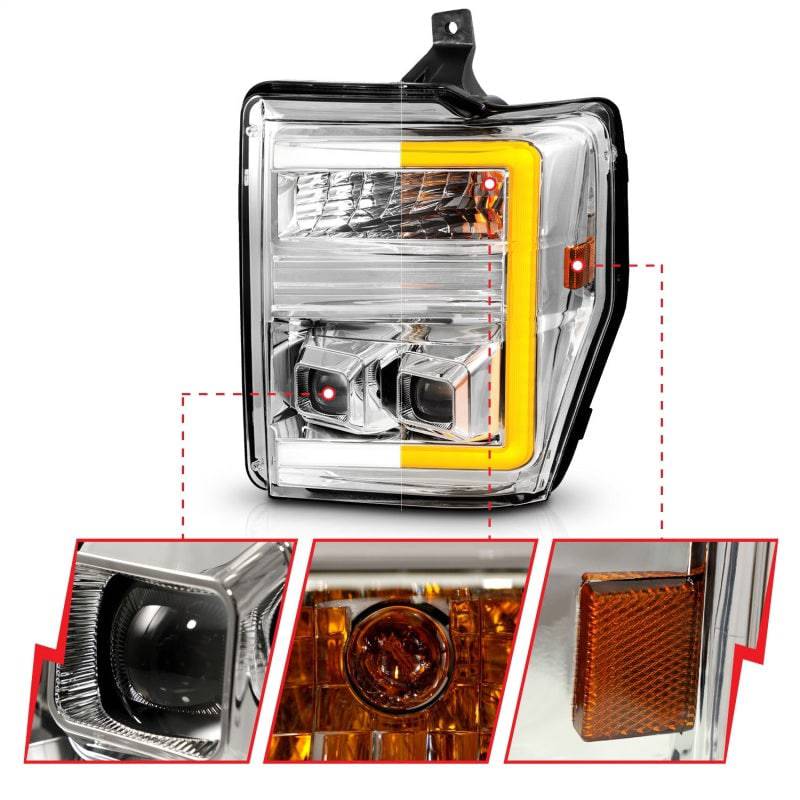 ANZO 08-10 Ford F-250 - F-550 Super Duty Projector Headlights w/ Light Bar Switchback Chrome Housing - Mammoth Racing -