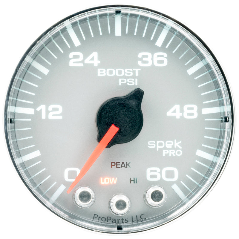 Autometer Spek-Pro Gauge Boost 2 1/16in 60psi Stepper Motor W/Peak & Warn Slvr/Chrm - My Store