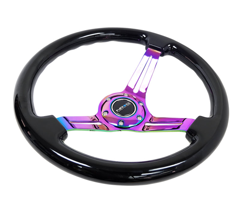 NRG Reinforced Steering Wheel (350mm / 3in. Deep) Blk Wood w/Blk Matte Spoke/Neochrome Center Mark - My Store