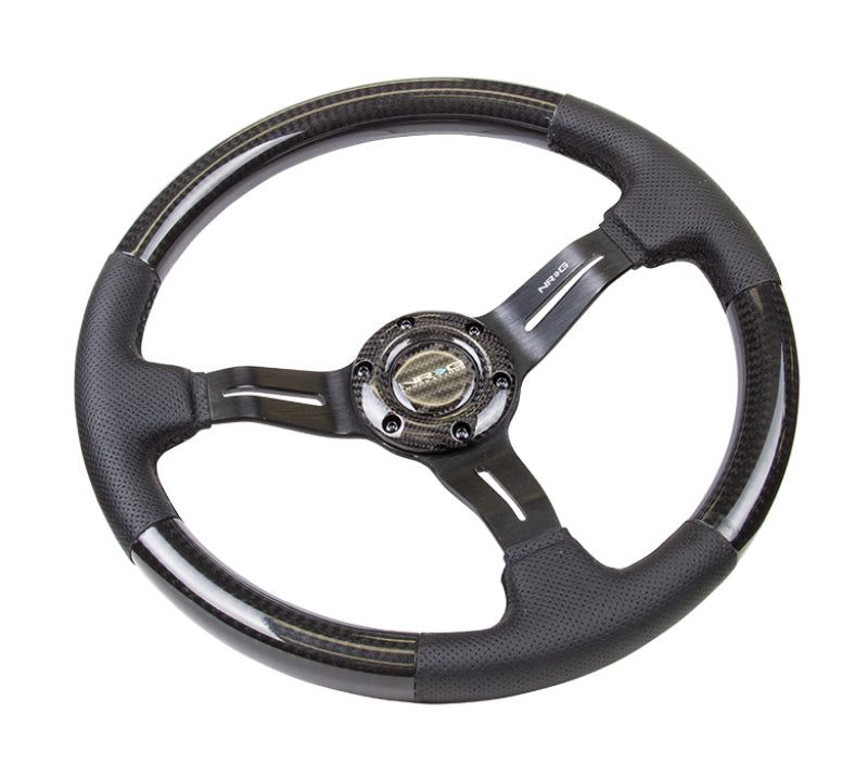 NRG Carbon Fiber Steering Wheel (350mm / 1.5in. Deep) Leather Trim w/Blk Stitch & Slit Cutout Spokes - My Store