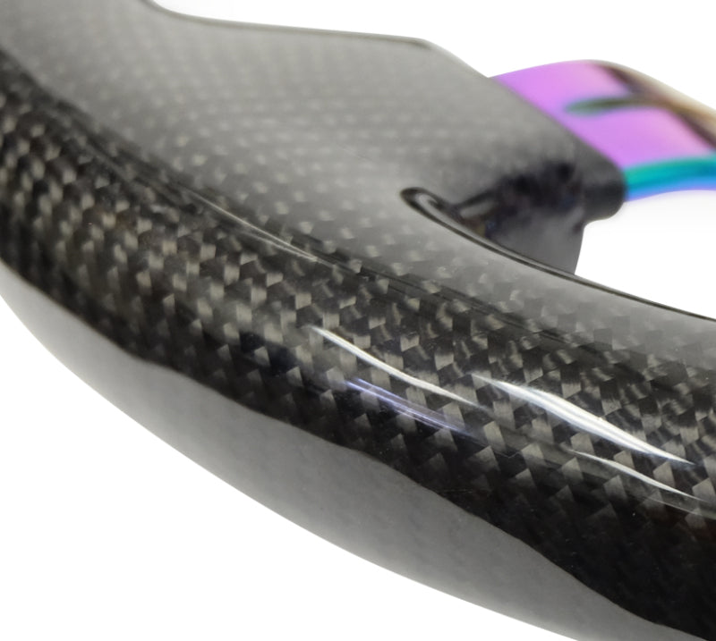 NRG Carbon Fiber Steering Wheel (350mm / 1.5in. Deep) Neochrome 3-Spoke Design w/Slit Cuts - My Store