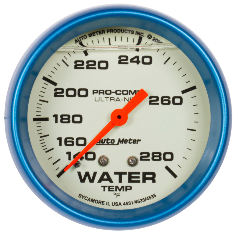 Autometer Ultra-Nite 2-5/8in 140-280 Degree Liquid Filled Mechanical Glow In Dark Water Temp Gauge - My Store