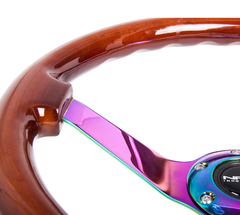 NRG Reinforced Steering Wheel (350mm / 3in. Deep) Classic Dark Wood w/4mm Neochrome Solid 3-Spoke - My Store
