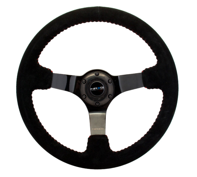 NRG Reinforced Steering Wheel (350mm / 3in. Deep) Blk Suede w/Red BBall Stitch & Black 3-Spoke - My Store