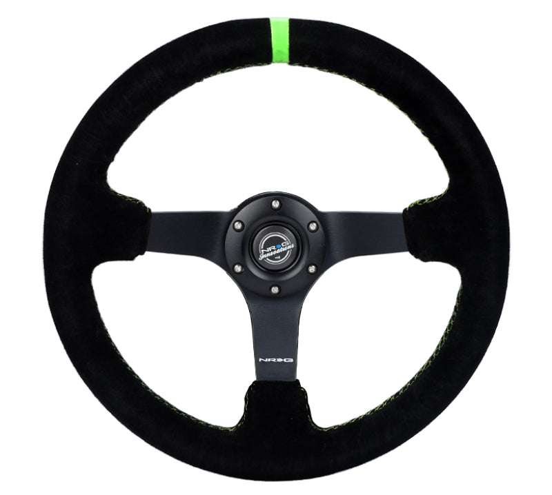 NRG Reinforced Steering Wheel 350mm/3in. Deep Blk Suede/ Neon Green Stitch w/5mm Matte Black Spoke - My Store