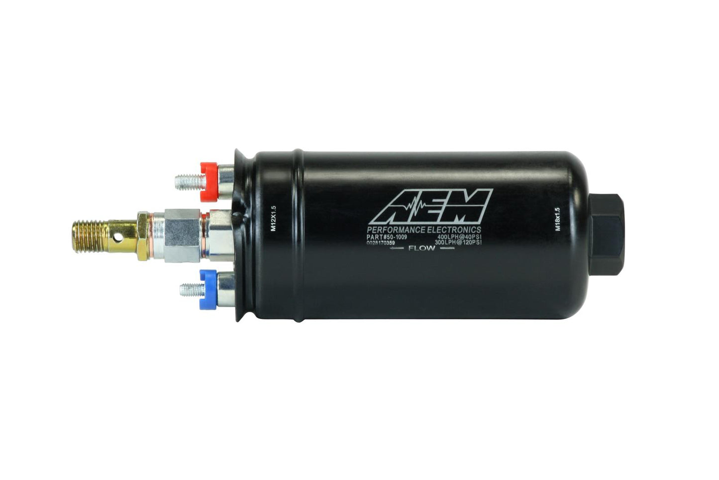 AEM 400lph High Pressure Inline Fuel Pump - M18x1.5 Female Inlet to M12x1.5 Male Outlet - My Store
