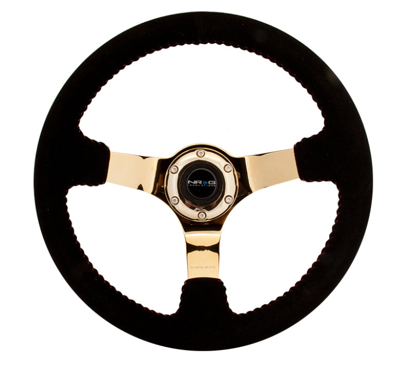 NRG Reinforced Steering Wheel (350mm / 3in. Deep) Blk Suede w/Red BBall Stitch & Chrome Gold 3-Spoke - My Store