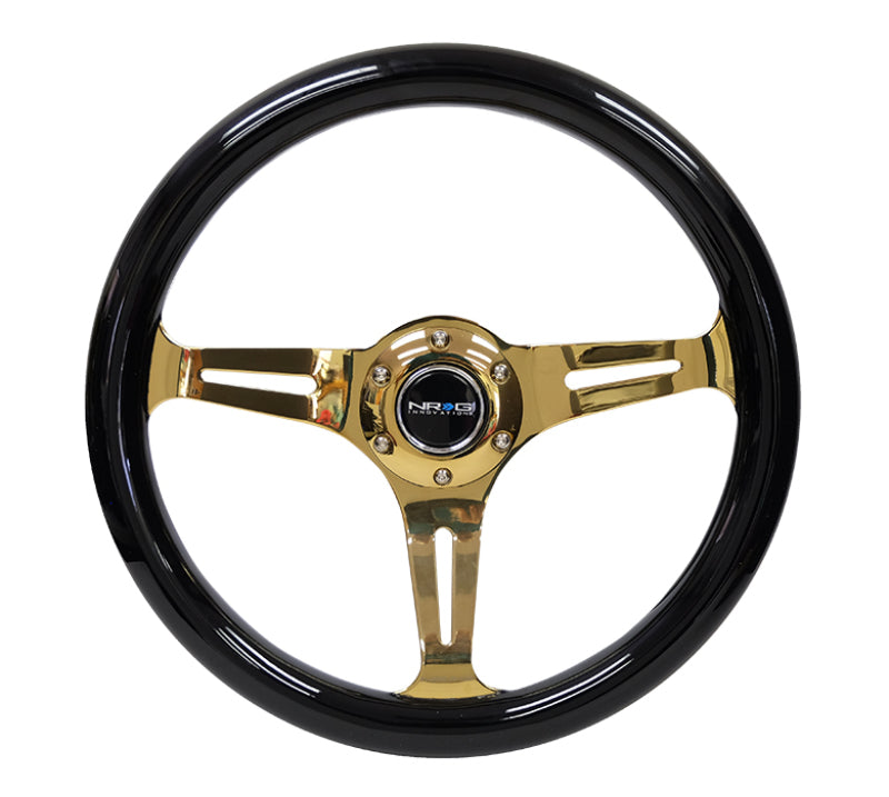 NRG Classic Wood Grain Steering Wheel (350mm) Black Grip w/Chrome Gold 3-Spoke Center - My Store