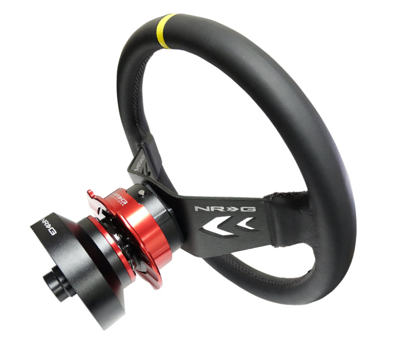 NRG Reinforced Steering Wheel (350mm / 3in Deep) Blk Leather w/NRG Arrow-Cut 2-Spoke & Sgl Yellow CM - My Store