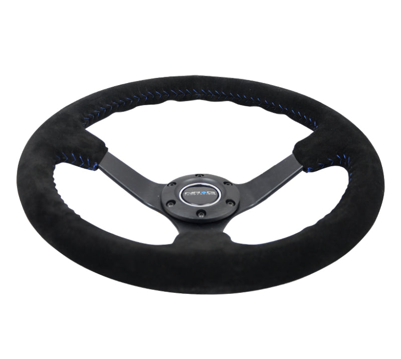 NRG Reinforced Steering Wheel (350mm / 3in. Deep) Blk Suede/Blue BBall Stitch w/5mm Matte Blk Spokes - My Store
