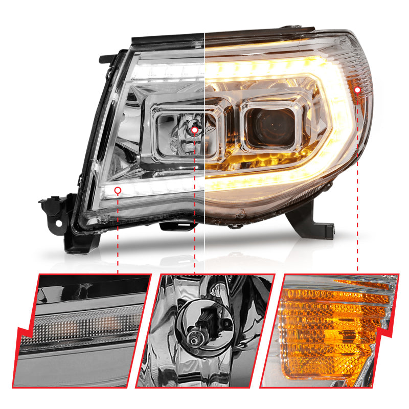 ANZO 05-11 Toyota Tacoma Projector Headlights w/Light Bar Switchback Chrome Housing - Mammoth Racing -
