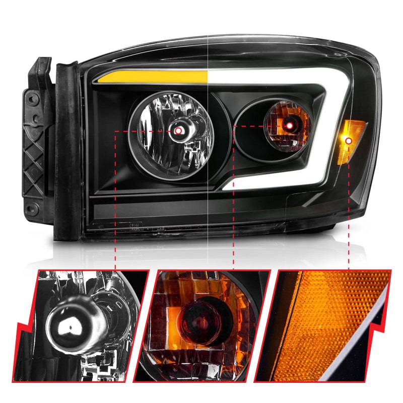 Anzo 06-09 Dodge RAM 1500/2500/3500 Headlights Black Housing/Clear Lens (w/Switchback Light Bars) - Mammoth Racing -