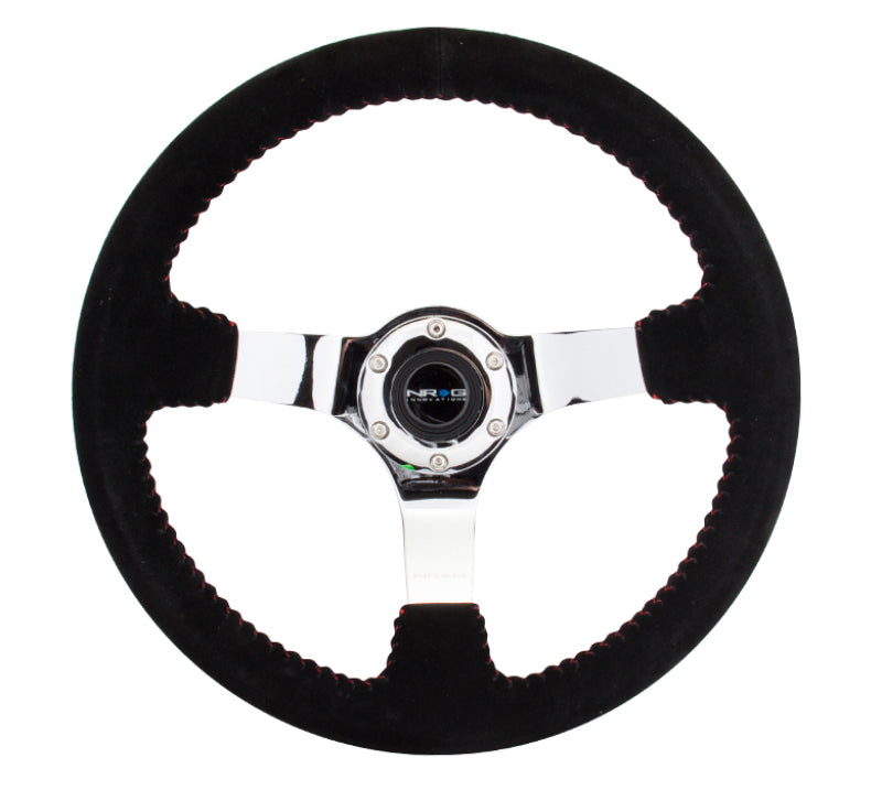 NRG Reinforced Steering Wheel (350mm / 3in. Deep) Blk Suede w/Red BBall Stitch & Chrome 3-Spoke - My Store