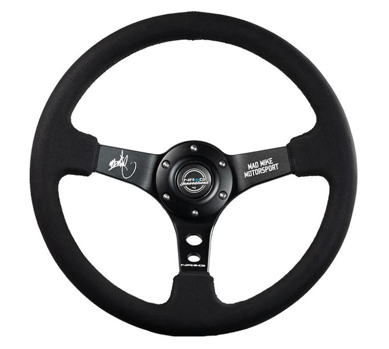 NRG Reinforced Steering Wheel (3in. Deep) Mad Mike /5mm Spoke/ Alcantara Finish/ Black Stitching - My Store