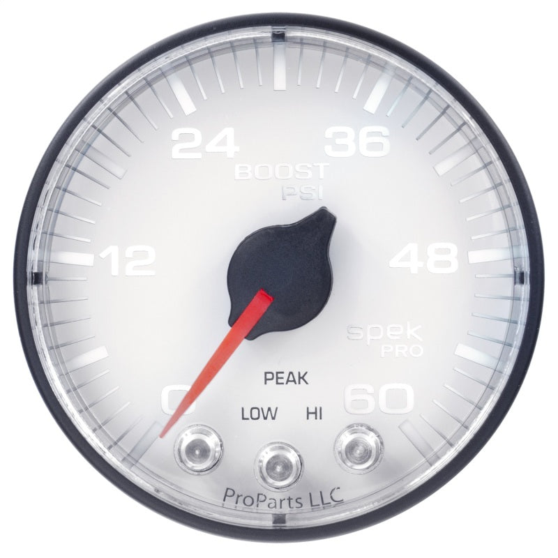 Autometer Spek-Pro Gauge Boost 2 1/16in 60psi Stepper Motor W/Peak & Warn Wht/Blk - My Store