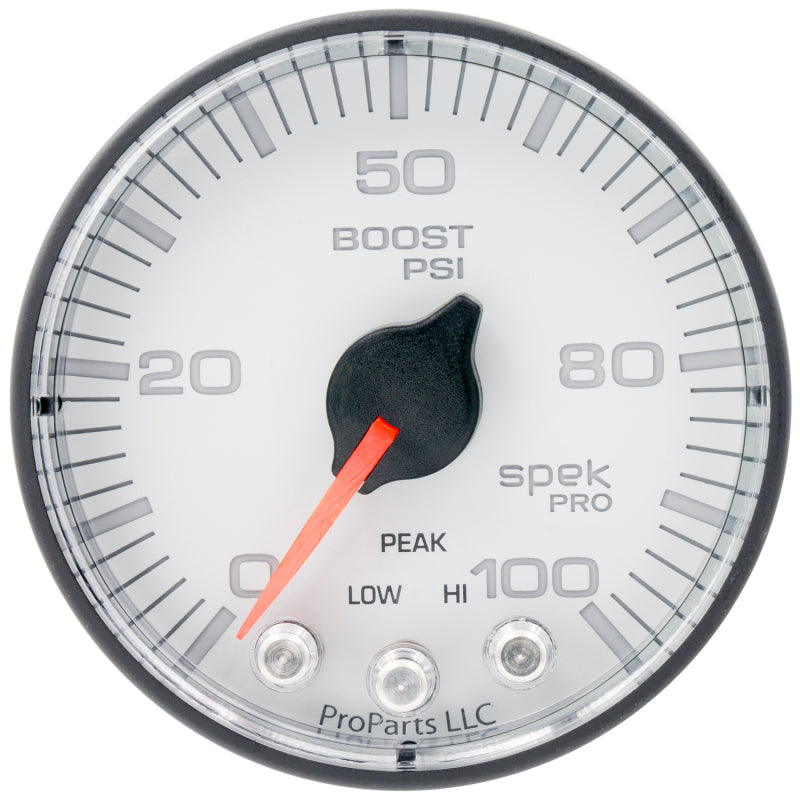 Autometer Spek-Pro 2 1/16in 100psi Stepper Motor W/Peak & Warn White/Black Boost Gauge - My Store
