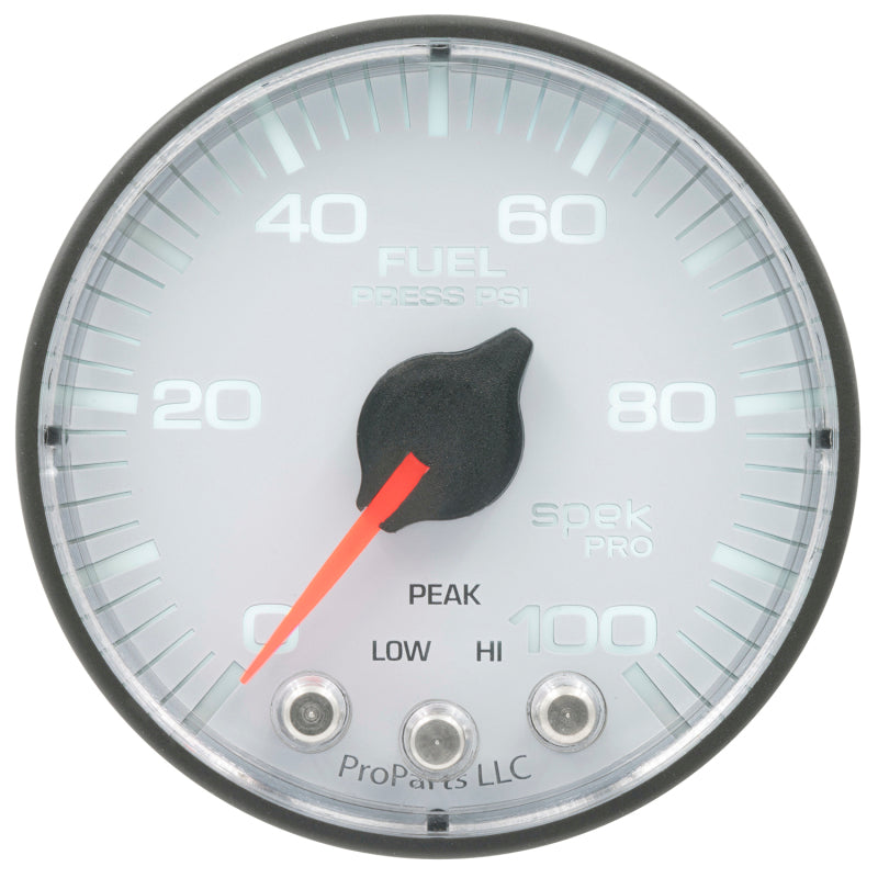 Autometer Spek-Pro Gauge Fuel Press 2 1/16in 100psi Stepper Motor W/Peak & Warn Wht/Blk - My Store