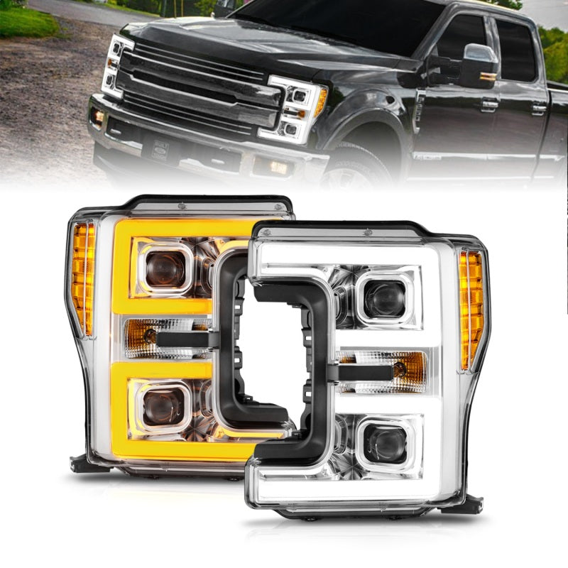 ANZO 17-19 Ford F-250/350/450 SD (w/o Factory LED HL) LED Proj Headlights w/Light Bar Switchback Chr - Mammoth Racing -