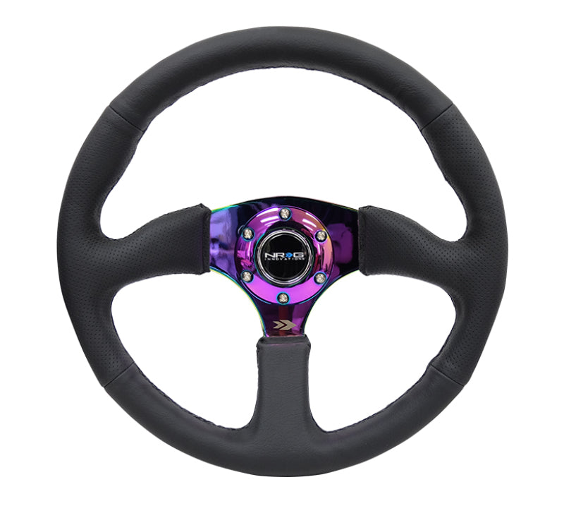 NRG Reinforced Steering Wheel (350mm / 2.5in. Deep) Leather Race Comfort Grip w/4mm Neochrome Spokes - My Store